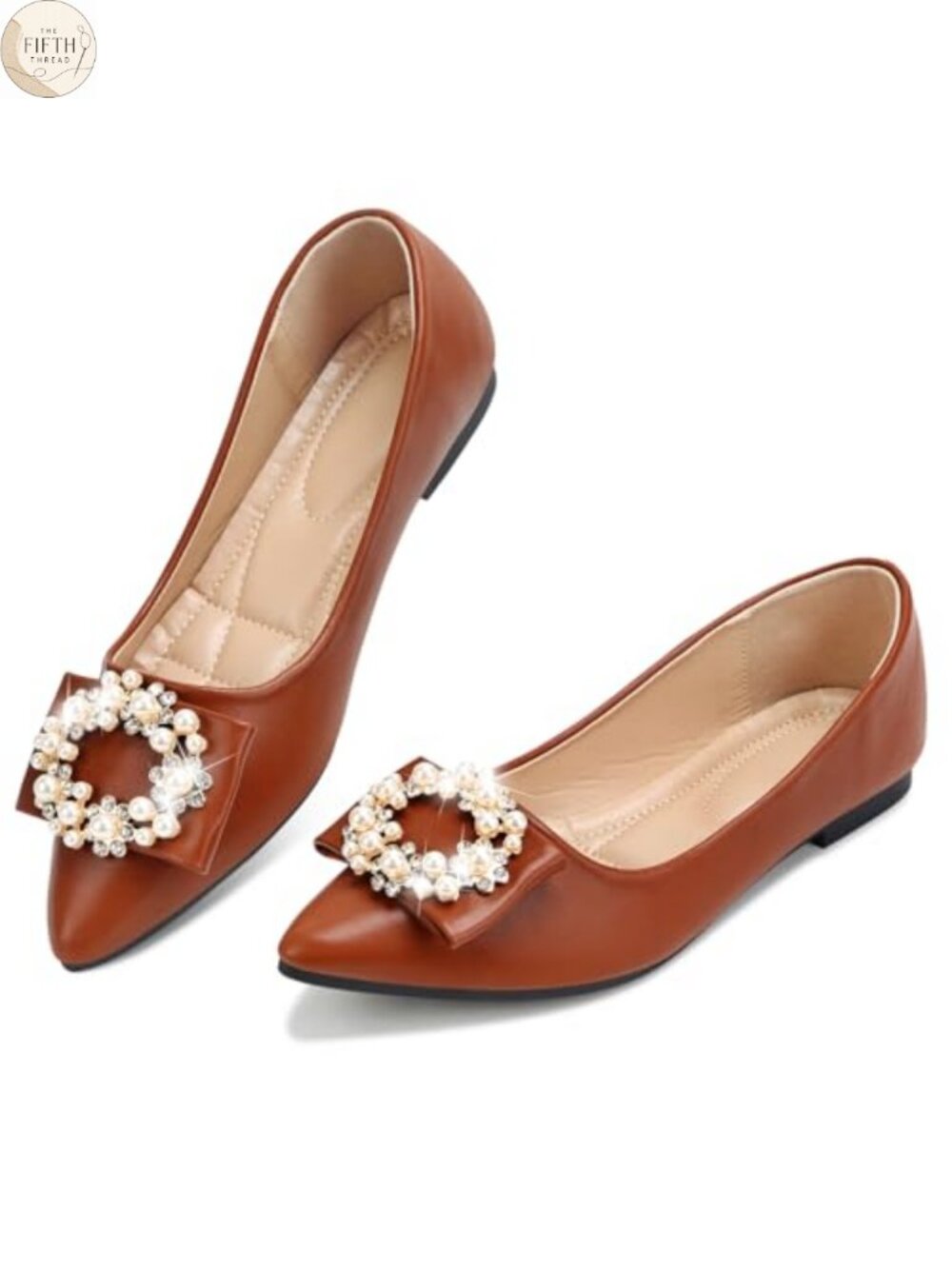 KUNWFNIX Women's Pointed Toe Pearl Flats Faux Suede Comfort Dress Flats